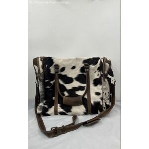 Vintage Cowhide Leather Hair On Duffel Weekender Travel Bag With Shoulder Strap